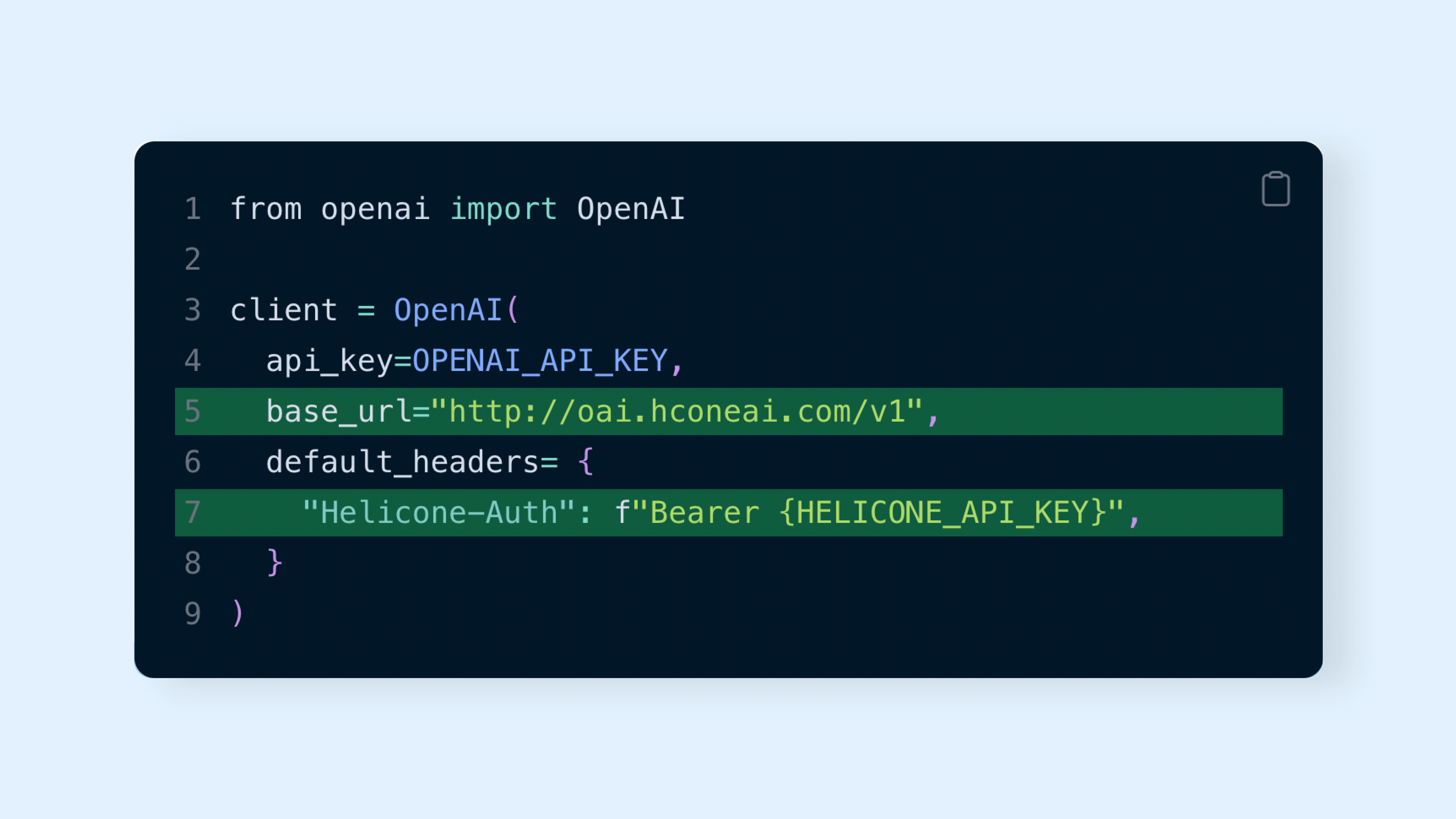 2-line code snippet to integrate with Helicone